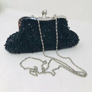 Black Beaded Silver Kisslock Frame Chain Shoulder Evening Bag Purse